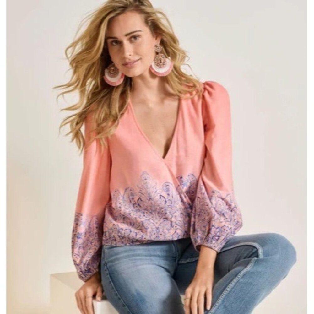 Venus Top 10 Faux-Wrap Peach Blue Paisley Puff Sleeve Crossover Blouse Women's